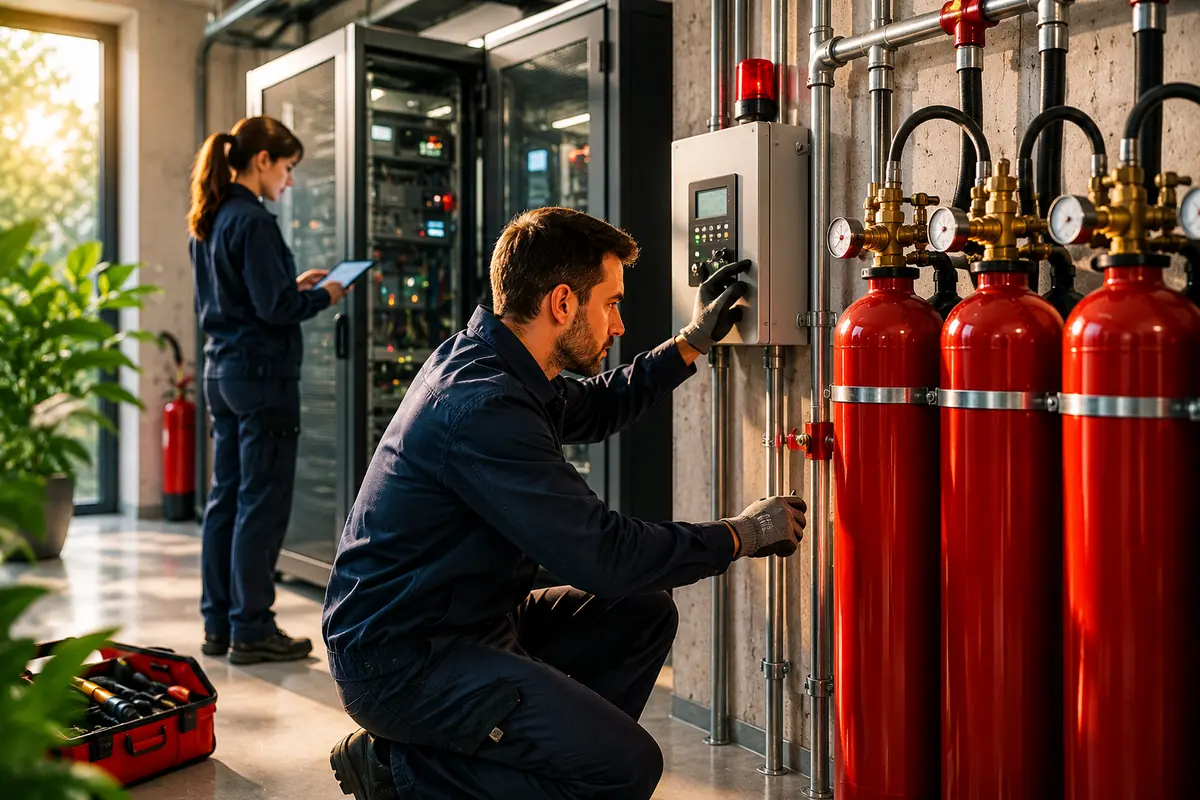 Personale che lavora su un impianto di spegnimento a gas